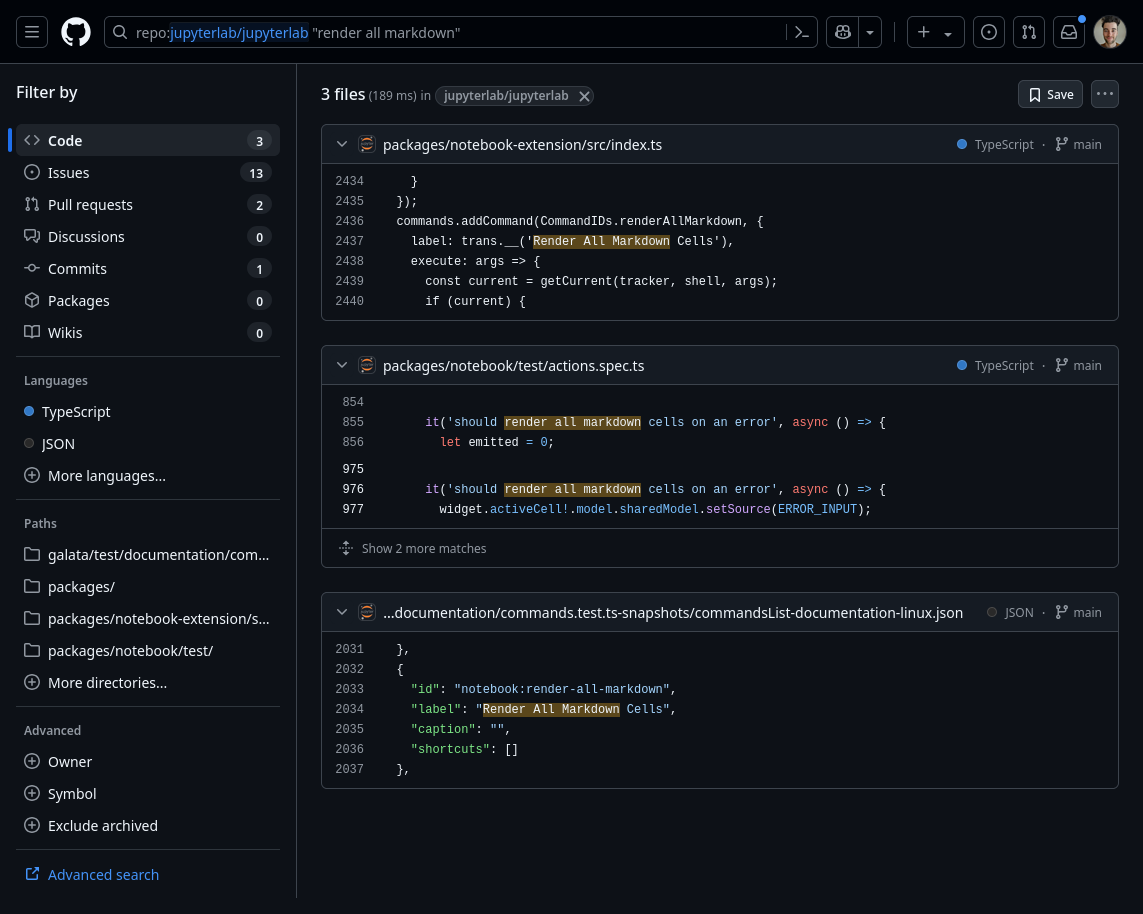 GitHub Code search results for the search query given in . There are hits in three files.
