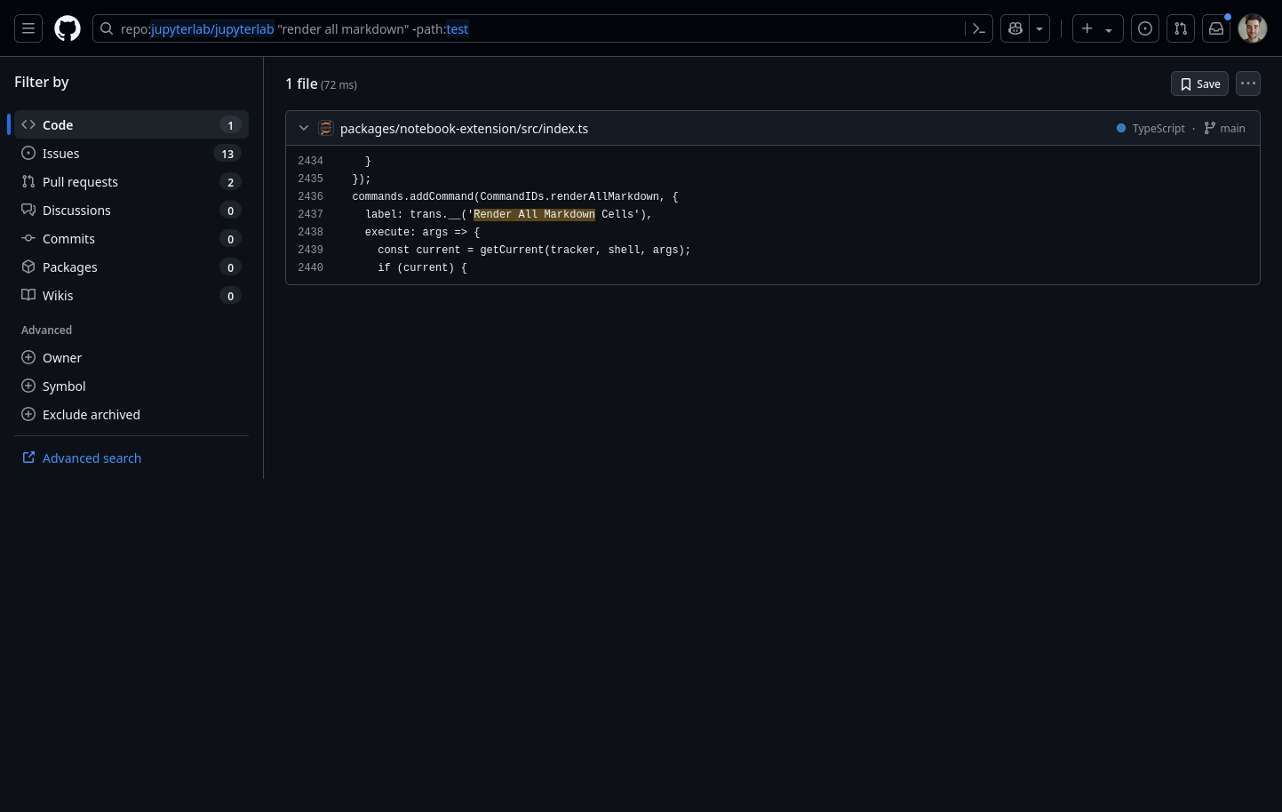 GitHub Code search results for the search query given in . There are hits in a single file.