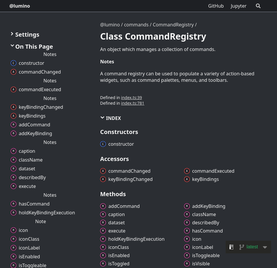 Screenshot showing the CommandRegistry class. Notice that the name of the documentation resource has changed in the top left from @jupyterlab to @lumino. This is because Lumino is a widget framework, built for and used by JupyterLab!