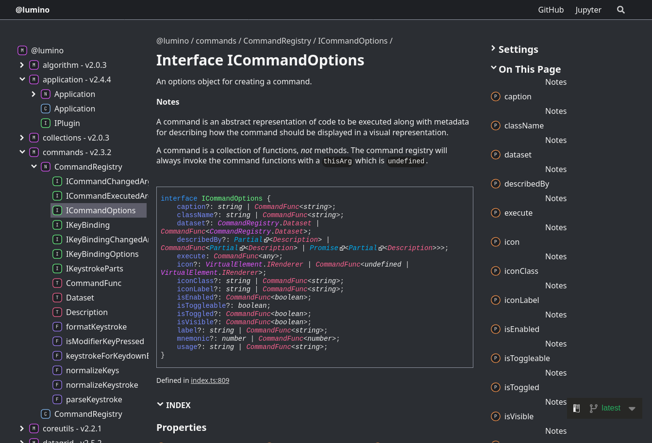 Screenshot showing the CommandOptions interface.