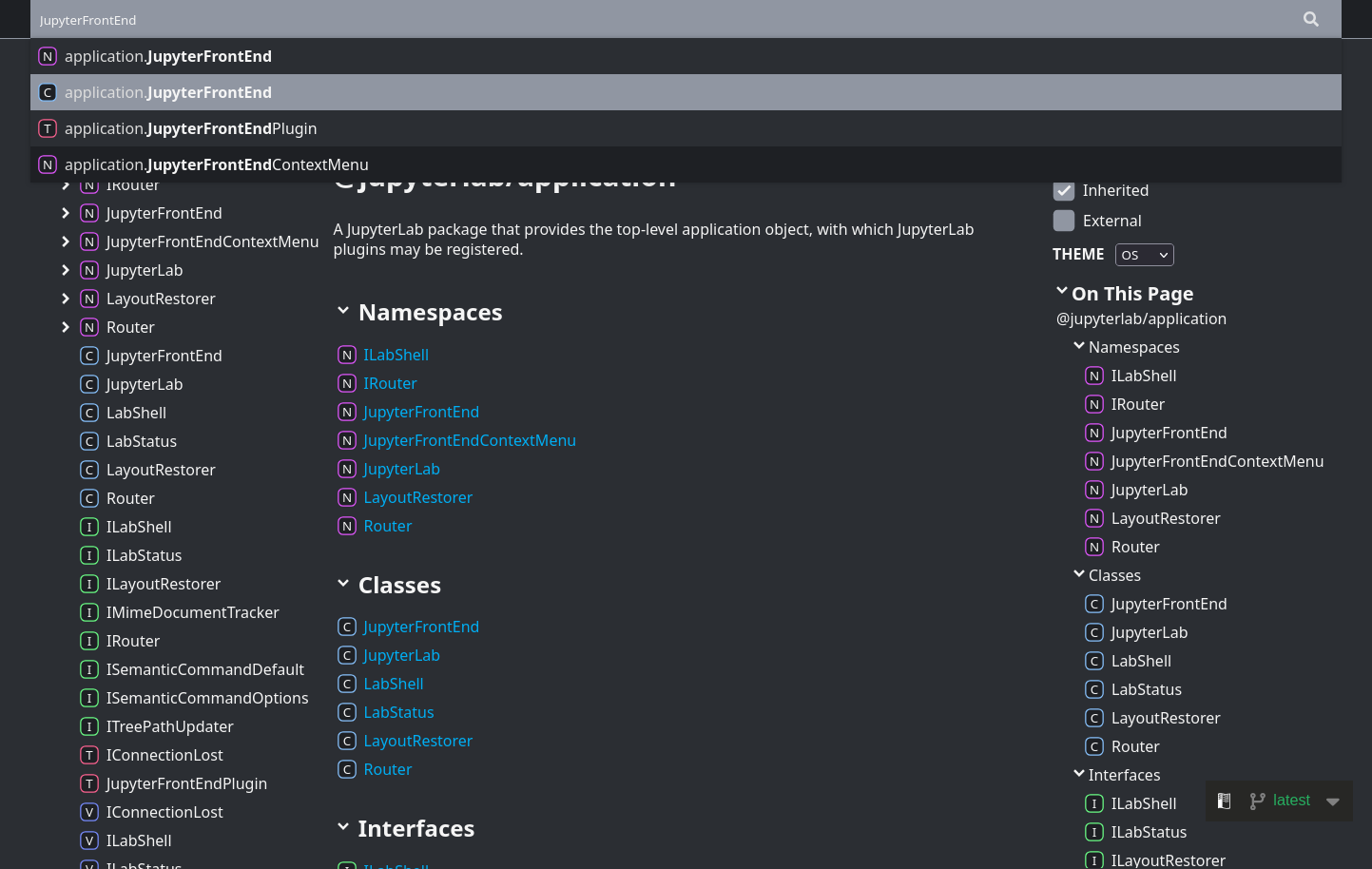 Screenshot showing search listings for the JupyterFrontEnd search term on the JupyterLab API documentation.