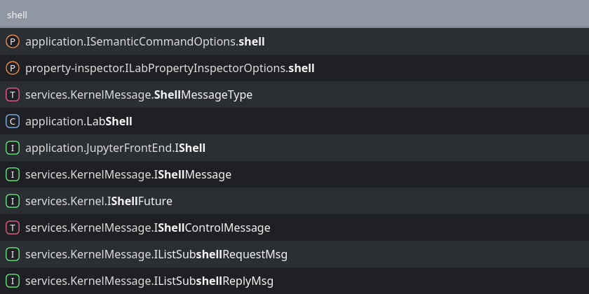 Screenshot showing the search results for shell in the JupyterLab API docs.