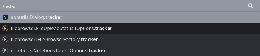 Screenshot showing the search results for tracker in the JupyterLab API docs.